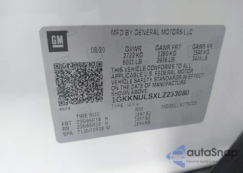 2020 GMC Acadia Awd Slt from USA, damaged, VIN 1GKKNULSXLZ233080